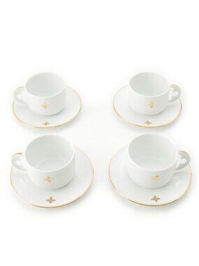 Louis Vuitton Porcelain Bowl Tea Cup & Saucer Set 4 Guest Tableware White Gold